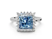 Starburst Halo Engagement Ring Setting for Fancy Blue Princess Cut Center with Thin Round-Wire Band and Prong Head in Platinum