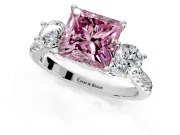 3 Stone Engagement Ring Setting for Fancy Pink Princess Cut Center with Crossover Basket, Pave Band and Prong Head in Sterling Silver