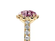 Halo Engagement Ring Setting for Fancy Pink Round Cut Center with Full Pave Band and Prong Head in Yellow Gold