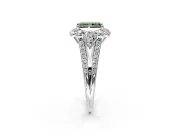 Halo Engagement Ring Setting for Fancy Green Radiant Cut Center with Two-Strand Split Shank and Prong Head in Platinum