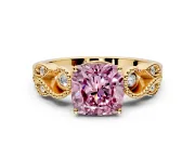 Leaf Engagement Ring Setting for Fancy Pink Cushion Cut Center with Milgrain Accent Band and Prong Head in Yellow Gold