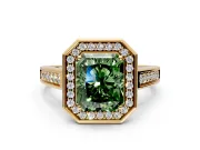 Halo Engagement Ring Setting for Fancy Green Emerald Cut Center with Outer Bezel Rim, Pave Band and Prong Head in Yellow Gold