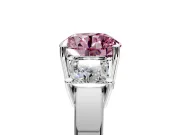 3 Stone Engagement Ring Setting for Fancy Pink Round Cut Center with Matching Side Accents and Prong Head in Platinum