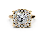 Single Halo Engagement Ring Setting for Cushion Cut Center with Corner Claws, Plain Band and Prong Head in Yellow Gold