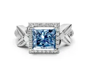 Halo Engagement Ring Setting for Fancy Blue Princess Cut Center with Floral Band and Prong Head in Platinum