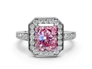 Bezel-Framed Halo Engagement Ring Setting for Fancy Pink Radiant Cut Center with Pave Band and Prong Head in White Gold