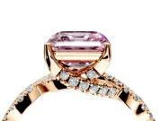 Solitaire Engagement Ring Setting for Fancy Pink Asscher Cut Center with Narrow Twist Pave Band and Prong Head in Rose Gold