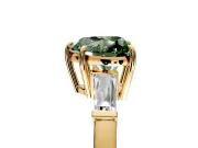 3 Stone Engagement Ring Setting for Fancy Green Heart-Shaped Center with Baguette Accents and Prong Head in Yellow Gold