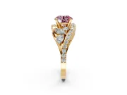 Halo Engagement Ring Setting for Fancy Pink Round Cut Center with Marquise and Pave Bypass Band and Prong Head in Yellow Gold