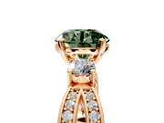 3 Stone Engagement Ring Setting for Fancy Green Round Cut Center with Pave Twist Band and Prong Head in Rose Gold