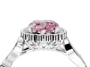 Halo Engagement Ring Setting for Fancy Pink Cushion Cut Center with Leaf Motif Split Shank and Prong Head in Platinum