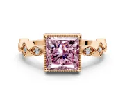 Milgrain Bezel Engagement Ring Setting for Fancy Pink Princess Cut Center with Marquise Stations and Bezel Head in Rose Gold