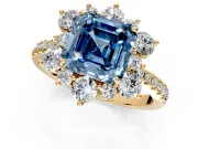 Floral Halo Engagement Ring Setting for Fancy Blue Asscher Cut Center with Pave Accents and Prong Head in Yellow Gold