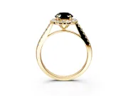 Halo Engagement Ring Setting for Fancy Black Oval Center with Narrowing Pave Band and Prong Head in Yellow Gold