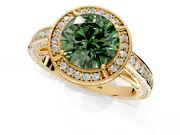 Halo Engagement Ring Setting for Fancy Green Round Cut Center with Framed Halo, Pave Band and Prong Head in Yellow Gold