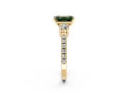 3 Stone Engagement Ring Setting for Fancy Green Emerald Cut Center with Round Cut Side Accents and Prong Head in Yellow Gold