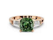 3 Stone Engagement Ring Setting for Fancy Green Cushion Cut Center with Channel Baguette Accents and Prong Head in Rose Gold