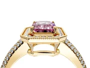 Milgrain Halo Engagement Ring Setting for Fancy Pink Emerald Cut Center with Three-Sided Pave Band and Prong Head in Yellow Gold