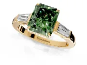 3 Stone Engagement Ring Setting for Fancy Green Radiant Cut Center with Baguette Accents and Prong Head in Yellow Gold