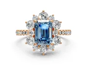 Floral Halo Engagement Ring Setting for Fancy Blue Emerald Cut Center with Pave Accents and Prong Head in Rose Gold