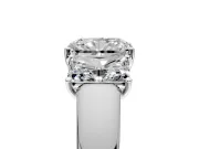 3 Stone Engagement Ring Setting for Radiant Cut Center with Raised Basket Heads and Prong Head in Platinum