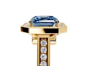 Halo Engagement Ring Setting for Fancy Blue Asscher Cut Center with Outer Bezel Rim, Pave Band and Prong Head in Yellow Gold