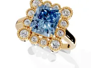 Cluster Halo Engagement Ring Setting for Fancy Blue Radiant Cut Center with Milgrain Bezel Accents and Prong Head in Yellow Gold