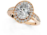 Bezel-Framed Halo Engagement Ring Setting for Oval Center with Pave Band and Prong Head in Rose Gold