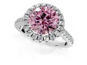 Halo Engagement Ring Setting for Fancy Pink Round Cut Center with Raised Halo, Pave Band and Prong Head in Platinum