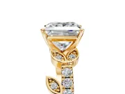 Leaf Motif Engagement Ring Setting for Princess Cut Center with Pave Band and Prong Head in Yellow Gold