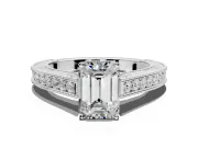 Solitaire Engagement Ring Setting for Emerald Cut Center with Engraved Pave Band and Prong Head in Platinum