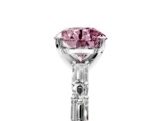 Baguette Engagement Ring Setting for Fancy Pink Round Cut Center with Alternating Bar-Set Band and Prong Head in White Gold