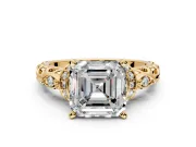 Solitaire Engagement Ring Setting for Asscher Cut Center with Filigree Band and Prong Head in Yellow Gold
