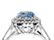 Double Halo Engagement Ring Setting for Fancy Blue Cushion Cut Center with Narrow Pave Split Shank and Prong Head in Platinum