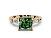 3 Stone Engagement Ring Setting for Fancy Green Princess Cut Center with Channel Baguette Accents and Prong Head in Yellow Gold