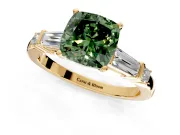 Bar-Set Engagement Ring Setting for Fancy Green Cushion Cut Center with Tapered Baguette Accents and Prong Head in Yellow Gold