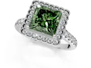 Milgrain Floral Halo Engagement Ring Setting for Fancy Green Princess Cut Center with Pave Band and Prong Head in Platinum