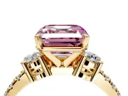 3 Stone Engagement Ring Setting for Fancy Pink Asscher Cut Center with Round Cut Side Accents and Prong Head in Yellow Gold