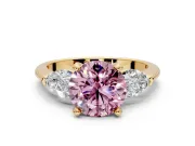 3 Stone Engagement Ring Setting for Fancy Pink Round Cut Center with Large Pear-Shaped Accents and Prong Head in Yellow Gold