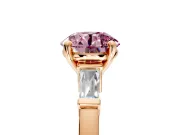 3 Stone Engagement Ring Setting for Fancy Pink Round Cut Center with Channel Baguette Accents and Prong Head in Rose Gold