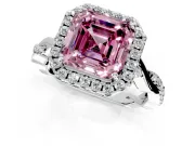 Halo Engagement Ring Setting for Fancy Pink Asscher Cut Center with Twist Band and Prong Head in Platinum