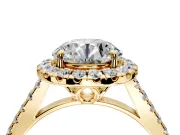 Halo Engagement Ring Setting for Round Cut Center with Raised Halo, Pave Band and Prong Head in Yellow Gold