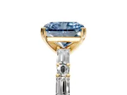 Baguette Engagement Ring Setting for Fancy Blue Radiant Cut Center with Alternating Bar-Set Band and Prong Head in Yellow Gold