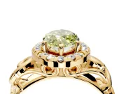 Halo Engagement Ring Setting for Fancy Yellow Marquise Center with Open Scroll Shoulders and Prong Head in Yellow Gold