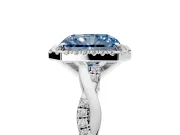Halo Engagement Ring Setting for Fancy Blue Radiant Cut Center with Pave and Plain Twist Band and Prong Head in White Gold