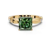 Solitaire Engagement Ring Setting for Fancy Green Princess Cut Center with Carved Leaf Shoulders and Prong Head in Yellow Gold