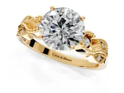 Leaf Engagement Ring Setting for Round Cut Center with Milgrain Accent Band and Prong Head in Yellow Gold