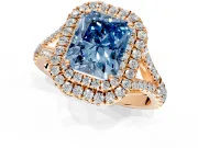 Double Halo Engagement Ring Setting for Fancy Blue Radiant Cut Center with Narrow Pave Split Shank and Prong Head in Rose Gold