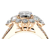 Halo Engagement Ring Setting for Emerald Cut Center with Two-Strand Split Shank and Prong Head in Rose Gold