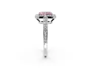 Bezel-Framed Halo Engagement Ring Setting for Fancy Pink Radiant Cut Center with Pave Band and Prong Head in White Gold